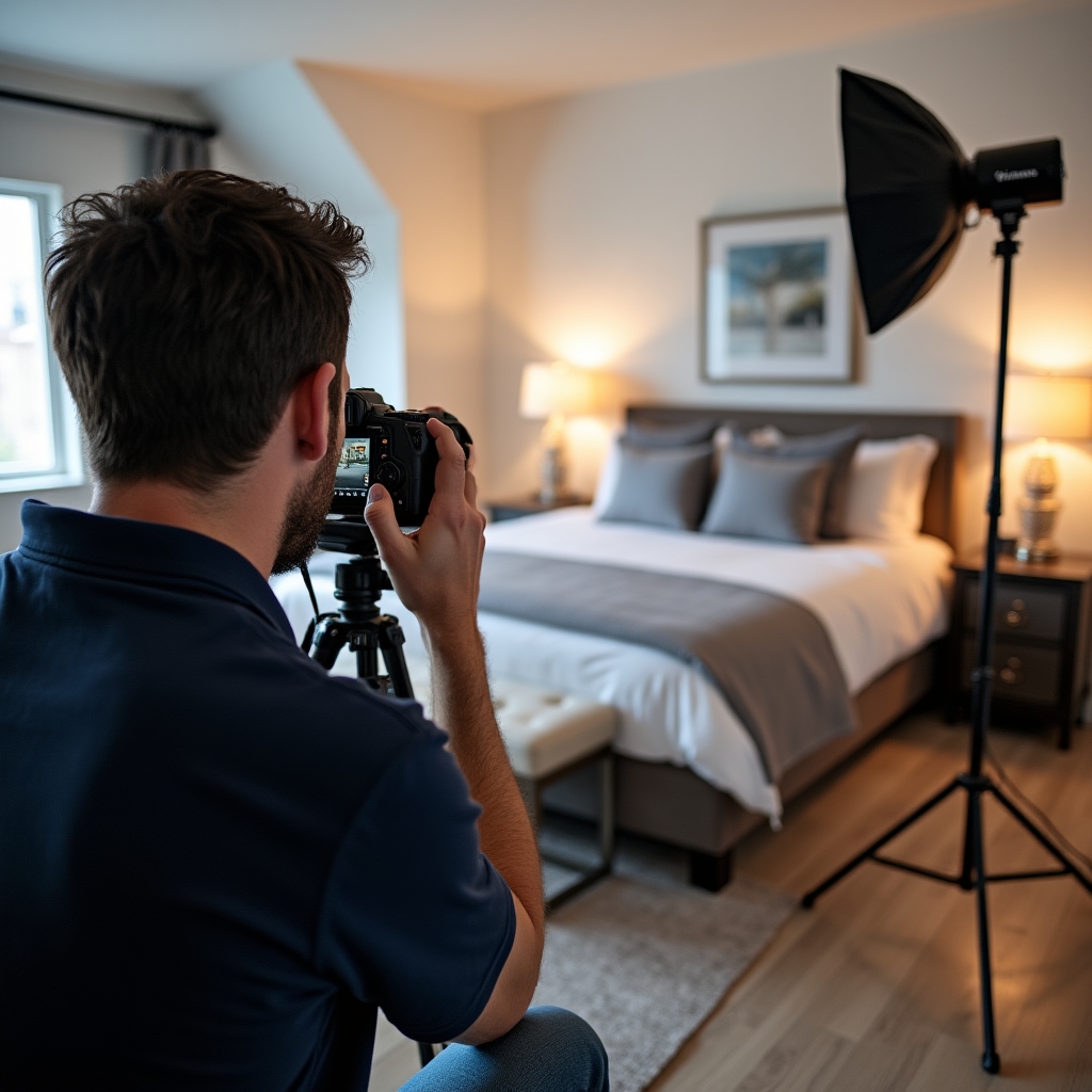 Professional photographer setting up equipment in a staged property room with controlled lighting