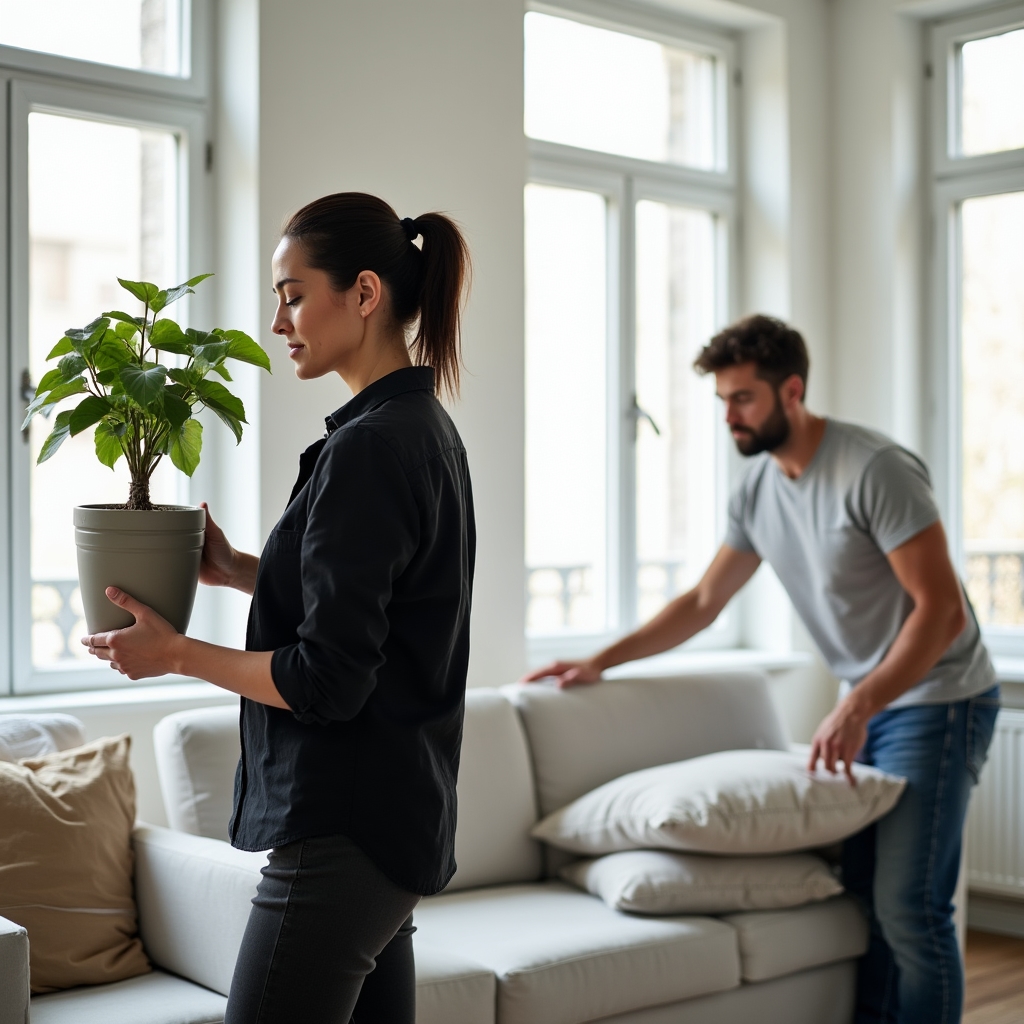 Home staging team arranging furniture and décor in a property being prepared for sale